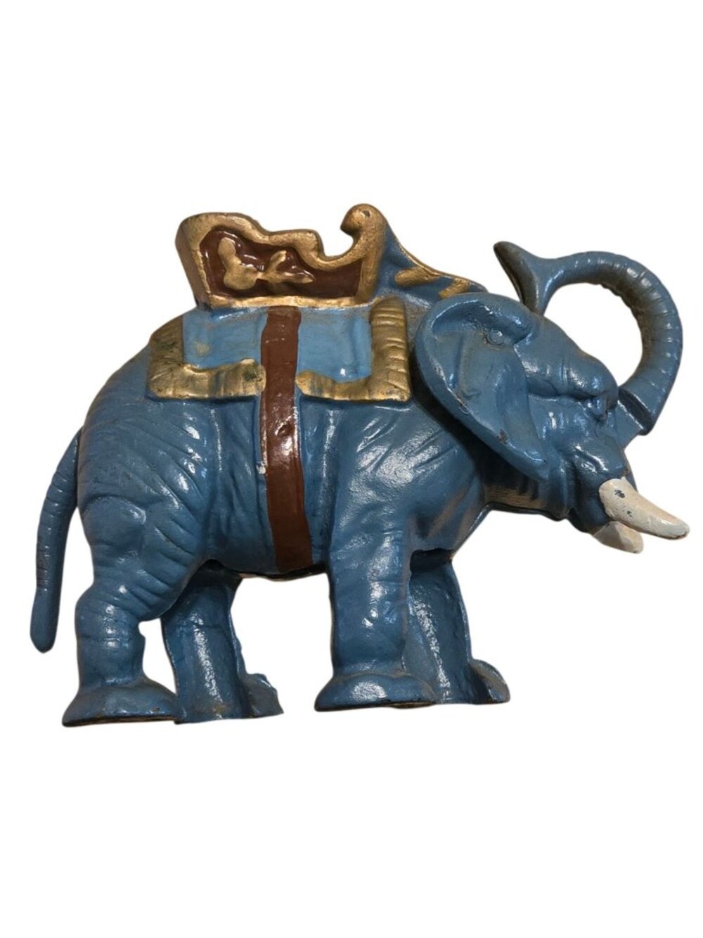 Vintage Cast Iron Mechanical Bank Blue Elephant Circus Howdah Collectible Decor